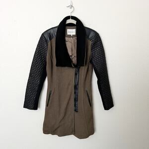 [Lucy Paris] Olive Green Black Mixed Media Wool Faux Leather Jacket Size Small S